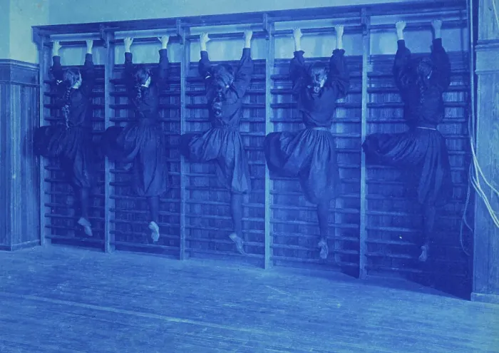 Framed Print : Girls in bloomers on climbing apparatus, Western High School, Washington, D.C. (1899?). Creator: Frances Benjamin Johnston Framed Print : Girls in bloomers on climbing apparatus, Western High School, Washington, D.C. (1899?). Creator: Frances Benjamin Johnston