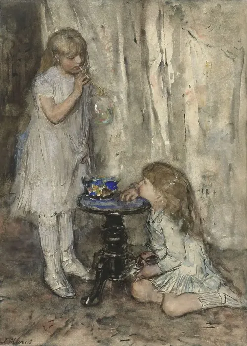 Framed Print : Two Girls Blowing Bubbles, c.1880. Creator: Jacob Henricus Maris Framed Print : Two Girls Blowing Bubbles, c.1880. Creator: Jacob Henricus Maris