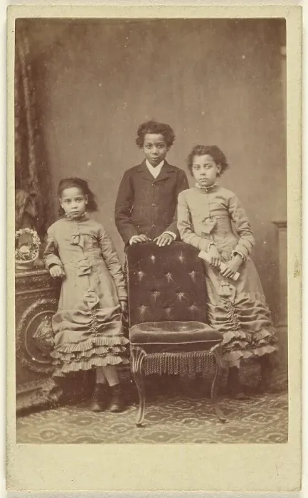 Framed Print : Two Girls and a Boy, 1865-1875. Creator: J. Heap Framed Print : Two Girls and a Boy, 1865-1875. Creator: J. Heap