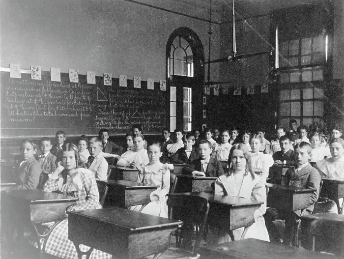 Framed Print : Girls and boys seated at desks in Washington, D.C. classroom, (1899?). Creator: Frances Benjamin Johnston Framed Print : Girls and boys seated at desks in Washington, D.C. classroom, (1899?). Creator: Frances Benjamin Johnston