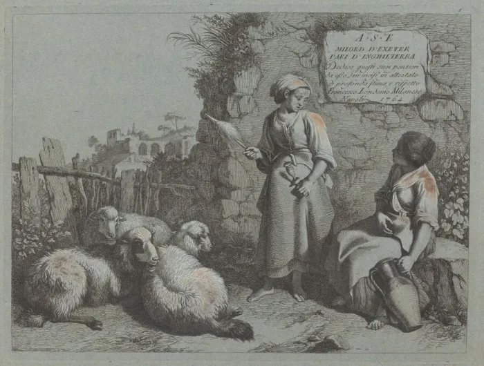 Framed Print : Two Girls Conversing: One Standing and Spinning, 1764. Creator: Francesco Londonio Framed Print : Two Girls Conversing: One Standing and Spinning, 1764. Creator: Francesco Londonio