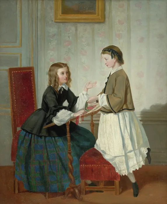 Framed Print : Girls with embroidery frame, 1865. Creator: Maria Schultzova
