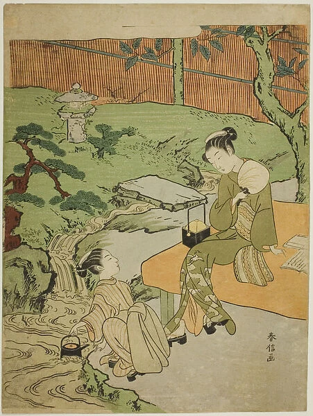 Two Girls Enjoying the Evening Cool in a Garden, c. 1765  /  70. Creator: Suzuki Harunobu