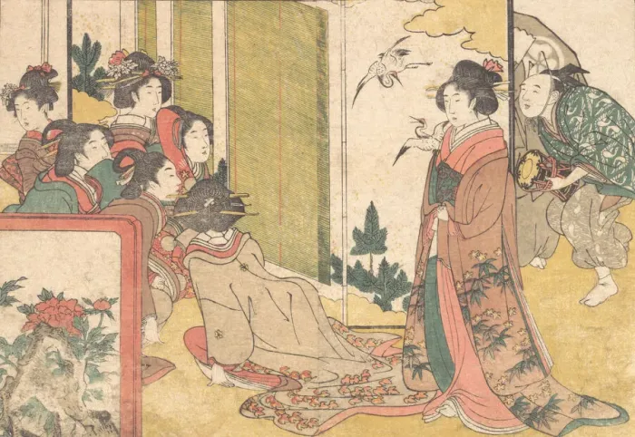 Framed Print : Girls Entertained by Performers, from the illustrated book Flowers of the Four Seasons
