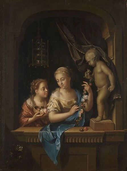 Two Girls with Flowers by a Statue of Cupid, 1713. Creator: Pieter van der Werff