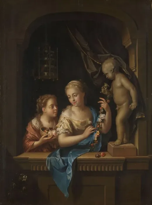 Framed Print : Two Girls with Flowers by a Statue of Cupid, 1713. Creator: Pieter van der Werff Framed Print : Two Girls with Flowers by a Statue of Cupid, 1713. Creator: Pieter van der Werff