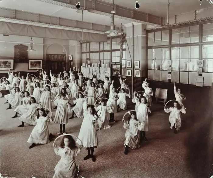 Framed Print : Girls with hoops, Lavender Hill Girls School, Bermondsey, London, 1906 Framed Print : Girls with hoops, Lavender Hill Girls School, Bermondsey, London, 1906