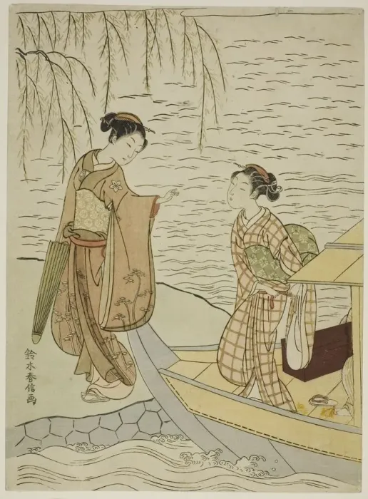 Framed Print : Two Girls Leaving a Boat, c. 1767 / 68. Creator: Suzuki Harunobu Framed Print : Two Girls Leaving a Boat, c. 1767 / 68. Creator: Suzuki Harunobu