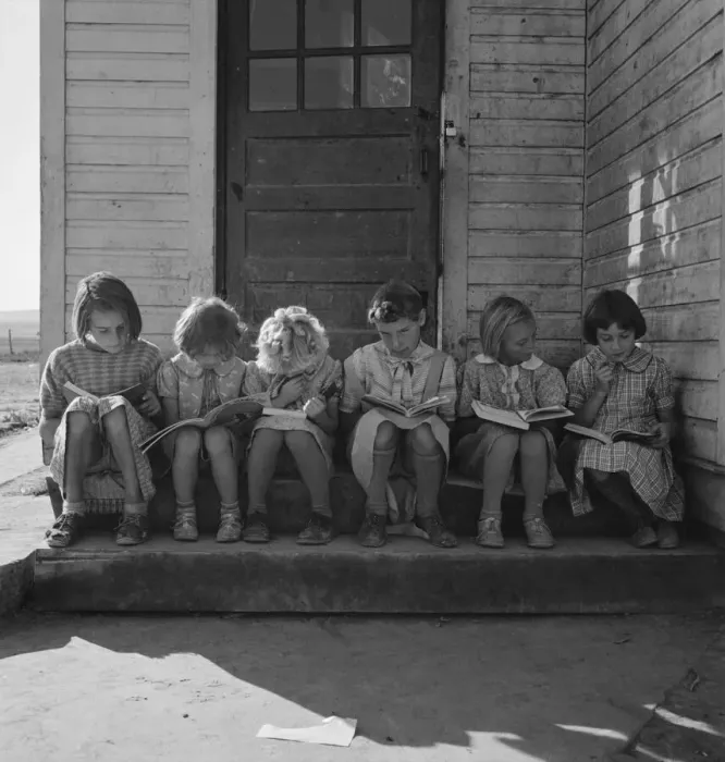 Framed Print : Girls of Lincoln Bench School study their reading lesson, near Ontario, Malheur County, Oregon, 1939 Creator: Dorothea Lange Framed Print : Girls of Lincoln Bench School study their reading lesson, near Ontario, Malheur County, Oregon, 1939 Creator: Dorothea Lange
