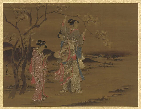 Two girls and a man under a cherry tree, Edo period, 1615-1868. Creator: Unknown