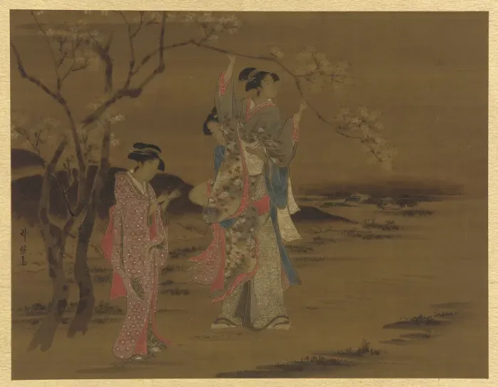 Framed Print : Two girls and a man under a cherry tree, Edo period, 1615-1868. Creator: Unknown Framed Print : Two girls and a man under a cherry tree, Edo period, 1615-1868. Creator: Unknown