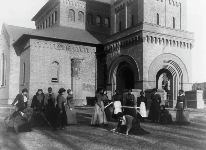 Framed Print : Girls measuring piece of ground in arithmetic class at Hampton Institute, Hampton, Va. 1899 or 1900 Creator: Frances Benjamin Johnston Framed Print : Girls measuring piece of ground in arithmetic class at Hampton Institute, Hampton, Va. 1899 or 1900 Creator: Frances Benjamin Johnston