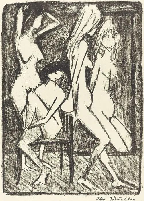 Framed Print : Three Girls in front of a Mirror (Drei Madchen vor dem Speigel), c. 1922. Creator: Otto Mueller Framed Print : Three Girls in front of a Mirror (Drei Madchen vor dem Speigel), c. 1922. Creator: Otto Mueller