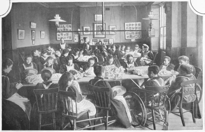 Framed Print : Girls at needlework, Halliwick School For Girls, Marylebone Road, London, c1903 (1903) Framed Print : Girls at needlework, Halliwick School For Girls, Marylebone Road, London, c1903 (1903)