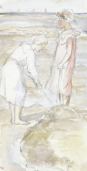 Two girls in pink and white on the beach, 1834-1911. Creator: Jozef Israels
