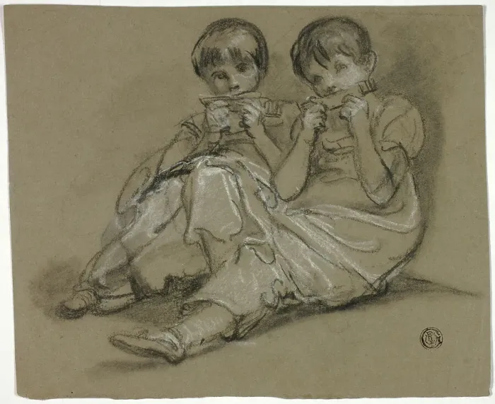 Framed Print : Two Girls Playing on Combs (recto); Sketch of Seated Woman with Fragment of Another... c. 1790. Creators: Thomas Barker, Thomas Jones Barker Framed Print : Two Girls Playing on Combs (recto); Sketch of Seated Woman with Fragment of Another... c. 1790. Creators: Thomas Barker, Thomas Jones Barker
