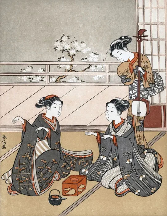 Framed Print : Girls Playing the Game of Ken, c1745-1770. Artist: Suzuki Harunobu Framed Print : Girls Playing the Game of Ken, c1745-1770. Artist: Suzuki Harunobu