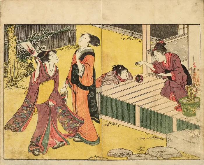 Framed Print : Girls Playing New Year Games. From the Picture Book of Flowers of the Four Seasons (Ehon... 1801. Creator: Utamaro, Kitagawa (1753-1806) Framed Print : Girls Playing New Year Games. From the Picture Book of Flowers of the Four Seasons (Ehon... 1801. Creator: Utamaro, Kitagawa (1753-1806)