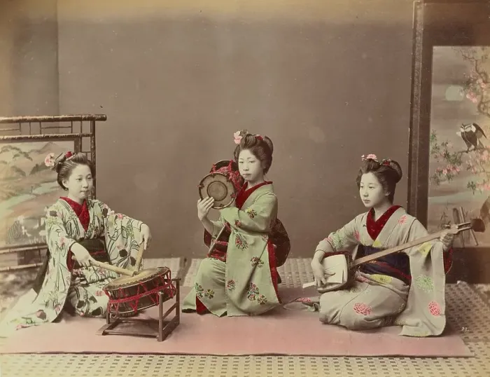Framed Print : Girls Playing Samisen and Fluya, 1870s-1890s. Creator: Kusakabe Kimbei Framed Print : Girls Playing Samisen and Fluya, 1870s-1890s. Creator: Kusakabe Kimbei