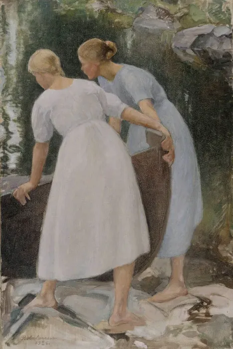 Framed Print : Girls Pushing a Boat, 1925. Creator: Halonen, Pekka (1865-1933) Framed Print : Girls Pushing a Boat, 1925. Creator: Halonen, Pekka (1865-1933)
