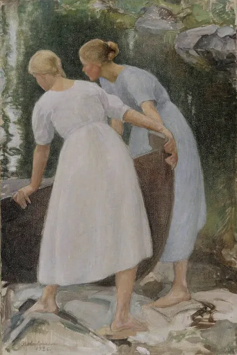 Framed Print : Girls Pushing a Boat, 1925. Creator: Pekka Halonen Framed Print : Girls Pushing a Boat, 1925. Creator: Pekka Halonen