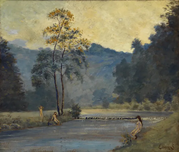 Framed Print : Three Girls and River, 1907. Creator: Louis Michel Eilshemius Framed Print : Three Girls and River, 1907. Creator: Louis Michel Eilshemius