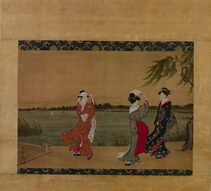 Framed Print : Three Girls on a Riverbank, early 19th century. Creator: Torii Kiyonaga Framed Print : Three Girls on a Riverbank, early 19th century. Creator: Torii Kiyonaga