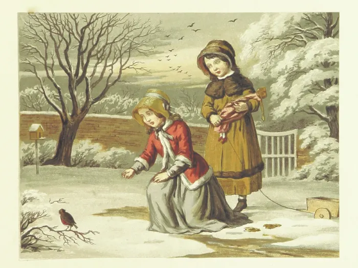 Framed Print : Two girls with a robin, 1853. Creator: Unknown Framed Print : Two girls with a robin, 1853. Creator: Unknown