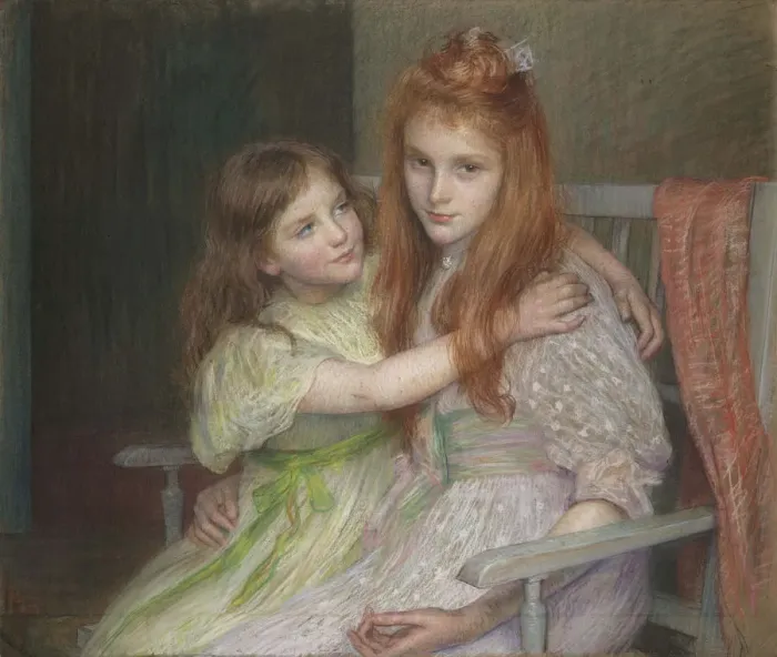 Framed Print : Two girls sitting on a bench. Artist: Breslau, Louise-Catherine (1856-1927) Framed Print : Two girls sitting on a bench. Artist: Breslau, Louise-Catherine (1856-1927)