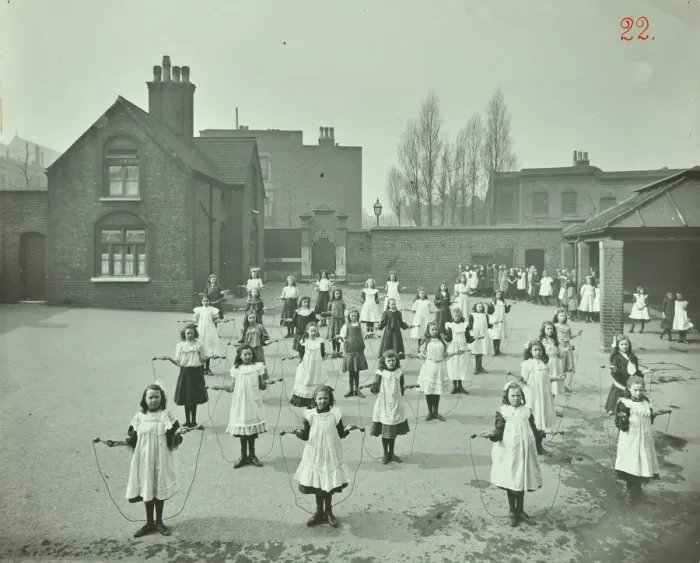 Framed Print : Girls skipping, Rushmore Road Girls School, Hackney, 1908 Framed Print : Girls skipping, Rushmore Road Girls School, Hackney, 1908