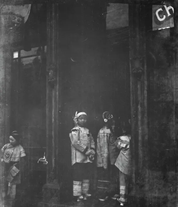 Framed Print : Three girls standing in a doorway, Chinatown, San Francisco, between 1896 and 1906. Creator: Arnold Genthe Framed Print : Three girls standing in a doorway, Chinatown, San Francisco, between 1896 and 1906. Creator: Arnold Genthe
