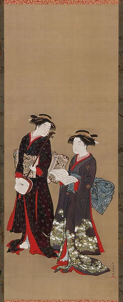Two girls standing, one holding an open book, 1615-1868. Creator: Kitao Shigemasa
