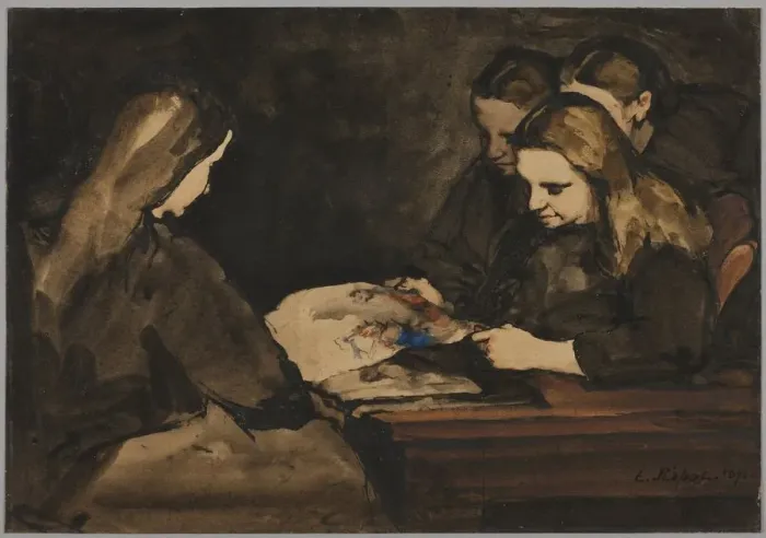 Framed Print : Four Girls Studying a Drawing, 1876. Creator: Theodule Ribot (French, 1823-1891) Framed Print : Four Girls Studying a Drawing, 1876. Creator: Theodule Ribot (French, 1823-1891)