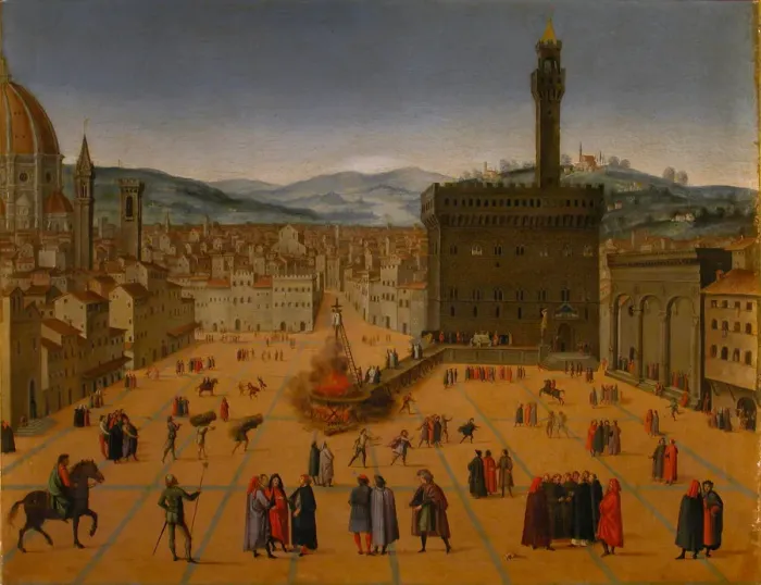 Framed Print : Girolamo Savonarolas execution on the Piazza della Signoria in Florence in 1498, Early 17th cen Framed Print : Girolamo Savonarolas execution on the Piazza della Signoria in Florence in 1498, Early 17th cen