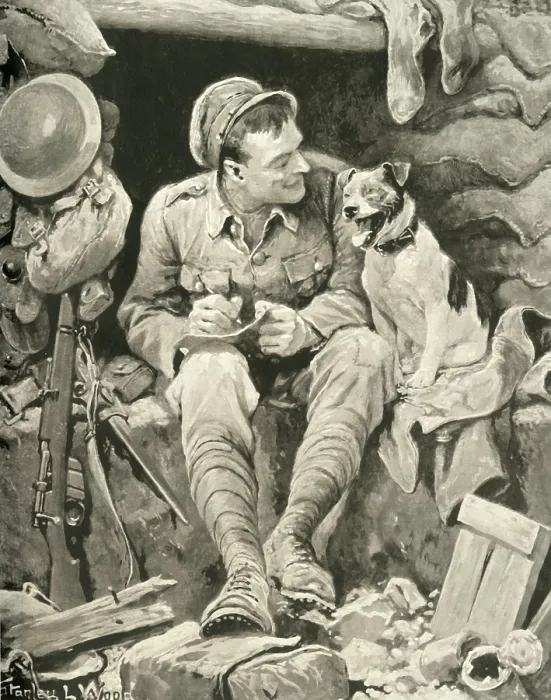 Framed Print : 'Give Her My Love!' Tommy and His Canine Friend, 1917. Creator: Stanley Llewellyn Wood. 'Give Her My Love!' Tommy and His Canine Friend, 1917