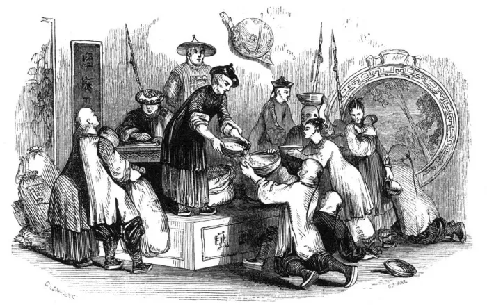Framed Print : Giving out corn to the people, during a season of scarcity, 1847. Artist: Evans Framed Print : Giving out corn to the people, during a season of scarcity, 1847. Artist: Evans