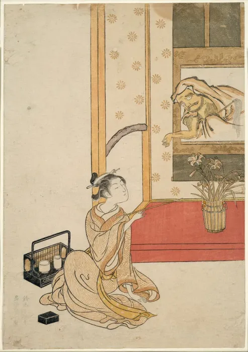 Framed Print : Giving Daruma a Smoke, 1765. Creator: Suzuki Harunobu Framed Print : Giving Daruma a Smoke, 1765. Creator: Suzuki Harunobu
