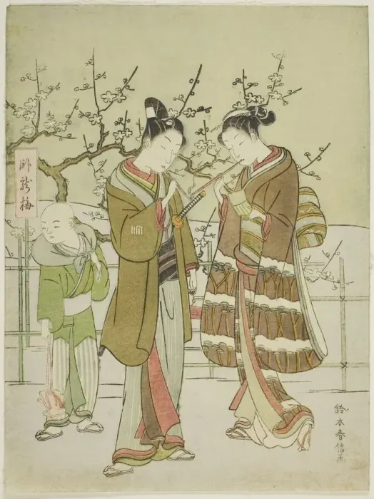 Framed Print : Giving a Light by the Garyubai Plum Tree, c. 1767 / 68. Creator: Suzuki Harunobu Framed Print : Giving a Light by the Garyubai Plum Tree, c. 1767 / 68. Creator: Suzuki Harunobu