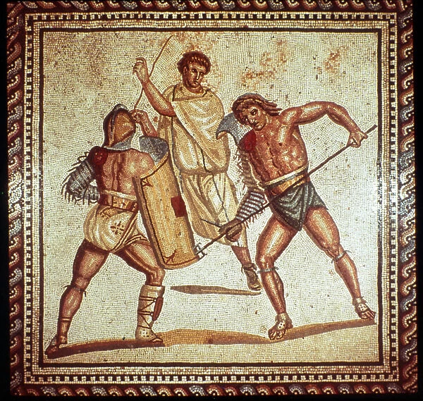 Gladiators in the arena, Roman mosaic, Saarbrucken, Germany