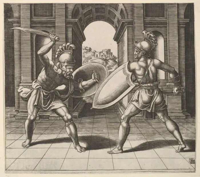 Framed Print : Two gladiators fighting in front of an arch, 1530-60. Creator: Master of the Die Framed Print : Two gladiators fighting in front of an arch, 1530-60. Creator: Master of the Die