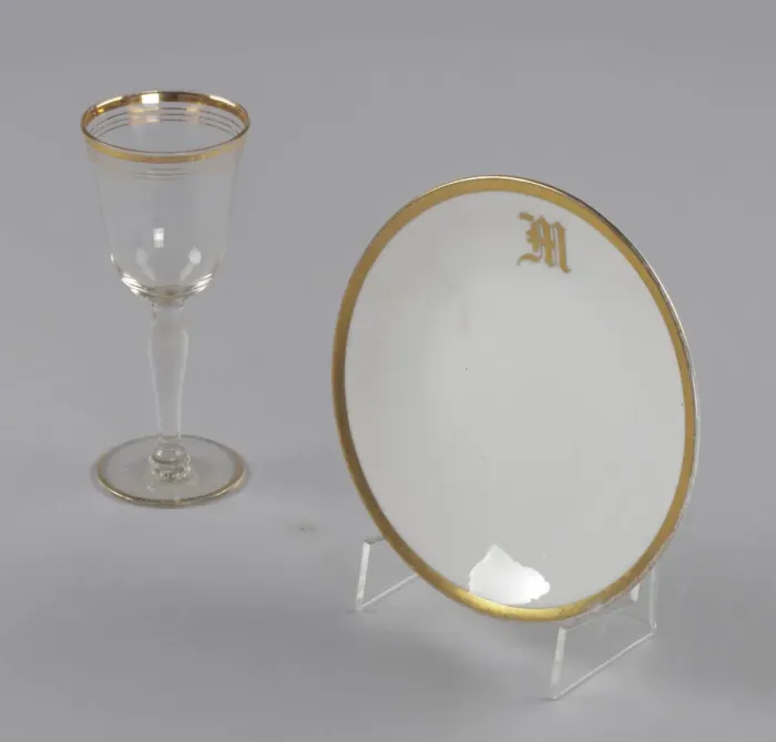 Framed Print : Glass and bowl with gold decoration from Maes Millinery Shop, 1941-1994 Framed Print : Glass and bowl with gold decoration from Maes Millinery Shop, 1941-1994
