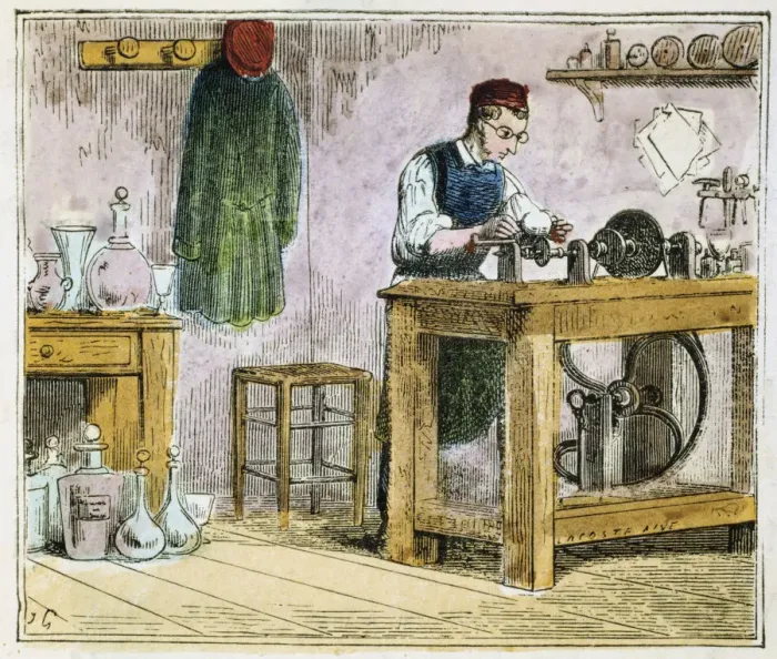 Framed Print : Glass cutter decorating table ware on a carborundum wheel, 1867 Framed Print : Glass cutter decorating table ware on a carborundum wheel, 1867