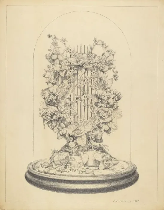 Framed Print : Glass Globe - Wax Flowers, 1937. Creator: J. Howard Iams Framed Print : Glass Globe - Wax Flowers, 1937. Creator: J. Howard Iams