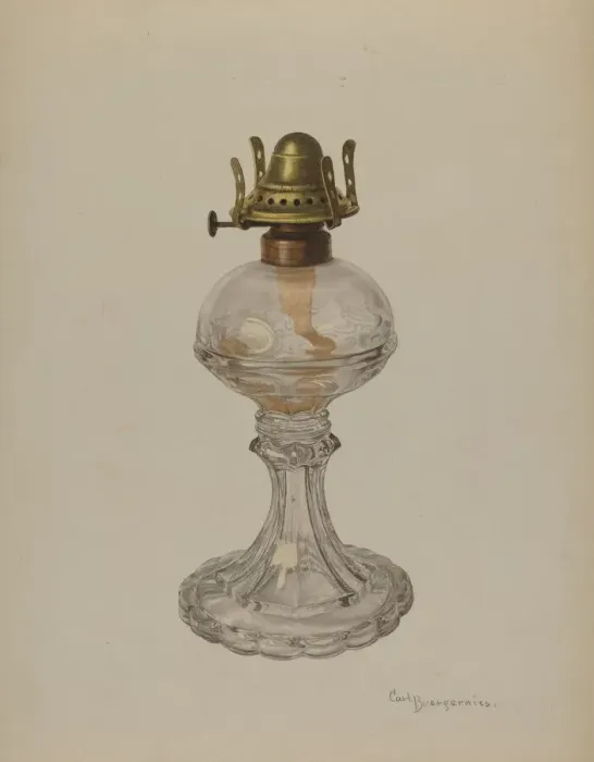 Framed Print : Glass Oil Lamp, 1940. Creator: Carl Buergerniss Framed Print : Glass Oil Lamp, 1940. Creator: Carl Buergerniss