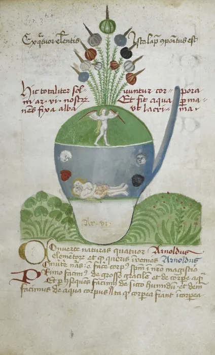 Framed Print : Glass vessel containing figures relating to alchemical experimentation, second half 15th century. Creator: Unknown Framed Print : Glass vessel containing figures relating to alchemical experimentation, second half 15th century. Creator: Unknown