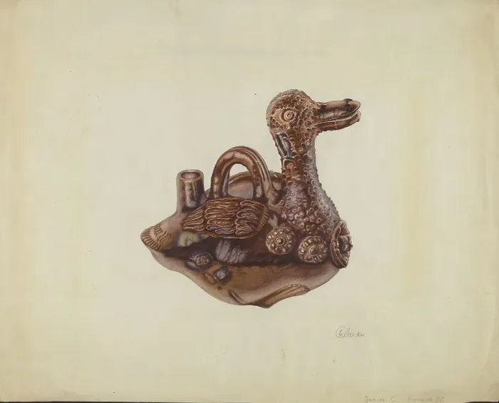 Framed Print : Glazed Pottery Duck Bottle, probably 1938. Creator: Ethel Clarke Framed Print : Glazed Pottery Duck Bottle, probably 1938. Creator: Ethel Clarke
