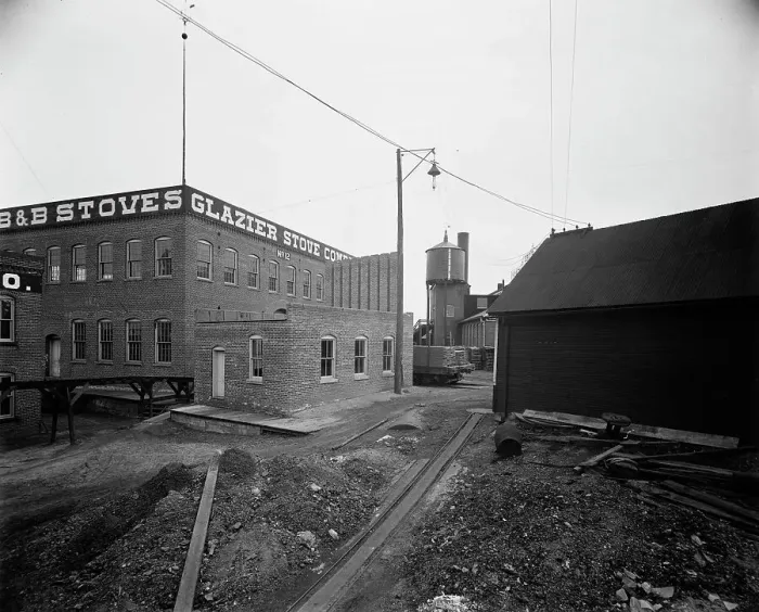 Framed Print : Glazier Stove Company, brass foundry, Chelsea, Mich. between 1900 and 1910. Creator: William H. Jackson Framed Print : Glazier Stove Company, brass foundry, Chelsea, Mich. between 1900 and 1910. Creator: William H. Jackson