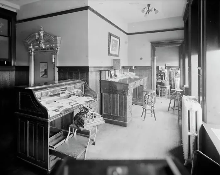 Framed Print : Glazier Stove Company, treasurer's room, Chelsea, Mich. between 1900 and 1910. Creator: William H. Jackson Framed Print : Glazier Stove Company, treasurer's room, Chelsea, Mich. between 1900 and 1910. Creator: William H. Jackson