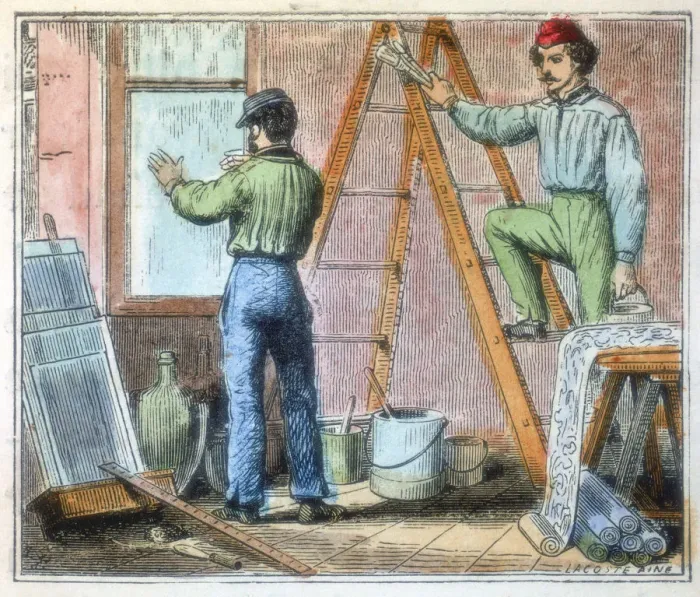 Framed Print : Glazier and wallpaper hanger working in a house, 1867 Framed Print : Glazier and wallpaper hanger working in a house, 1867