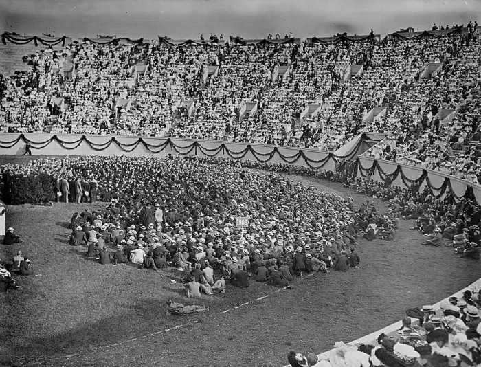 Framed Print : Glee club singing in the stadium, Harvard University class day exercises, c1906. Creator: Unknown Framed Print : Glee club singing in the stadium, Harvard University class day exercises, c1906. Creator: Unknown